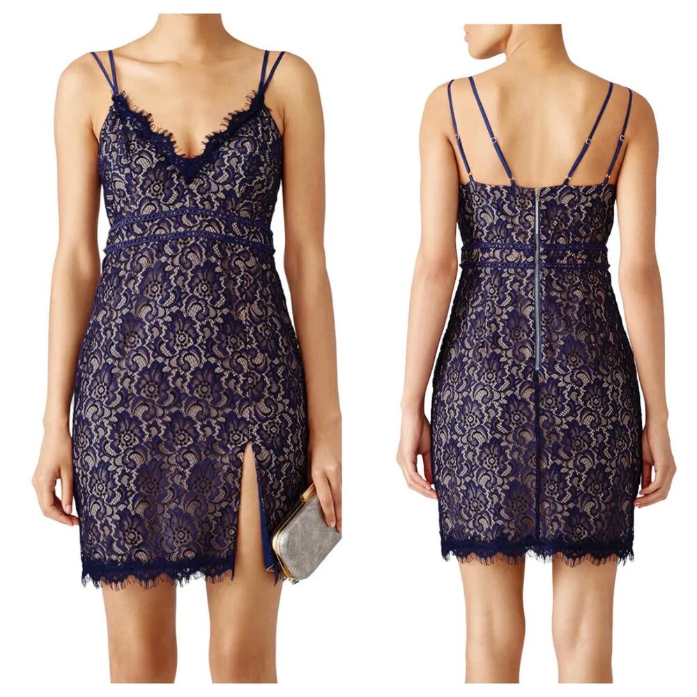 StyleStalker Navy Floral Lace Mini Dress V Neck Slit Small Needs Strap Repair
